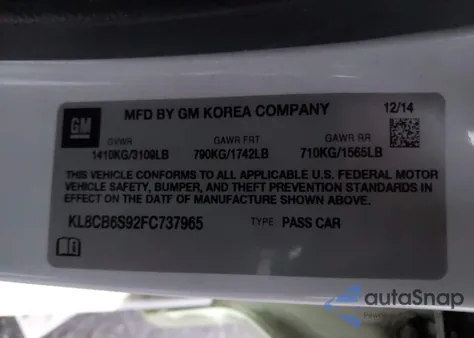 2015 Chevrolet Spark Ls Cvt из США, поврежденный, VIN KL8CB6S92FC737965